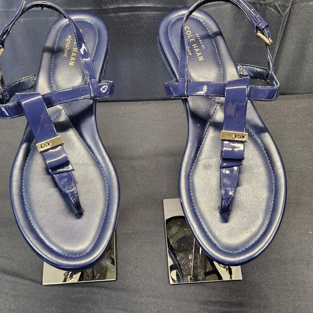 Cole Haan Grand Navy Blue Patent Leather T-Strap Sandals, Women's Size 9B